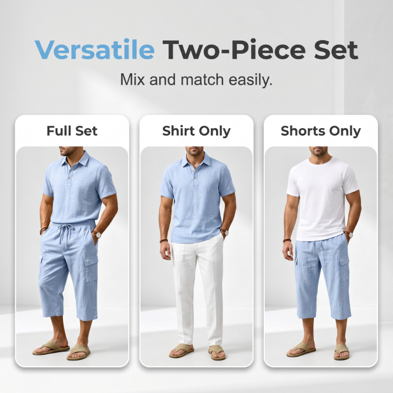 👕☀️Zomerse linnen set voor heren – Losvallend overhemd & cargoshorts, tweedelige outfit