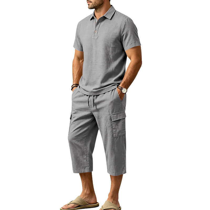 👕☀️Zomerse linnen set voor heren – Losvallend overhemd & cargoshorts, tweedelige outfit