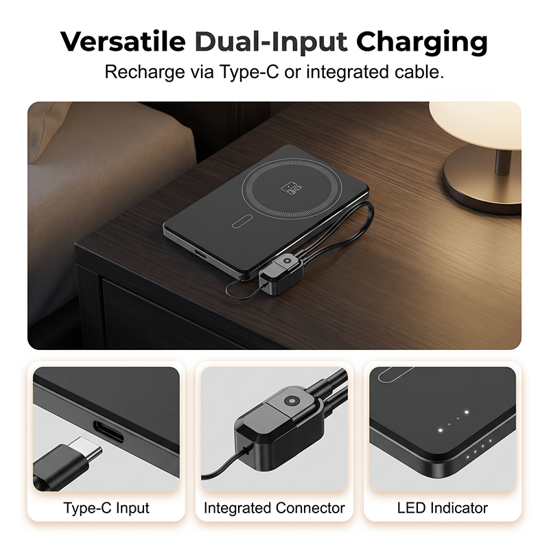 Draagbare 2,5W horlogelader/powerbank met geïntegreerde kabel