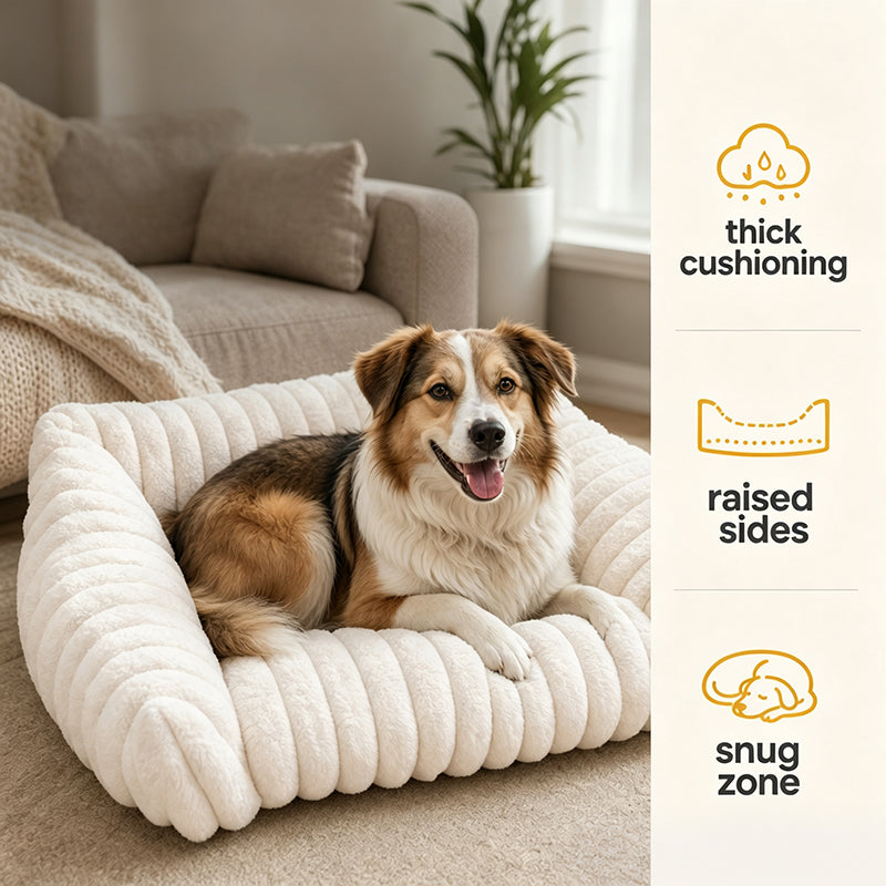 🐾✨50% KORTING! 🐱🐶 Gezellig Sofa Huisdierbedde – Ultrazacht, Verhoogde Bolsterranden & Super-Zachte Geribbelde Pluche. Meer dan 11.382 Blije Huisdieren Slapen in Stijl!✨