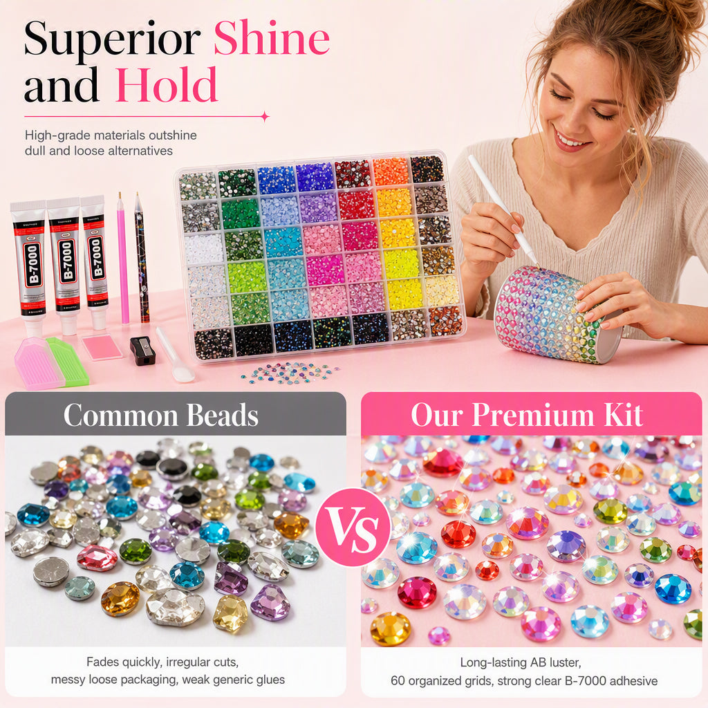 🔥✨ 50% KORTING! Van frustratie naar fonkelende creaties – deze strass kit met waxpen, lijm en 24/42/60 vakjes houdt je steentjes op hun plek. Perfect voor nagels, kleding & meer!