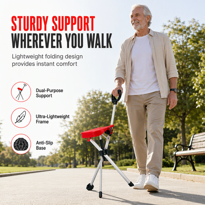 🚶‍♂️🦯 Opvouwbare wandelstok met zitje – 50% KORTING! Aluminium frame, stabiele driepoot en antislipvoet – overal wandelen en uitrusten. 🪑
