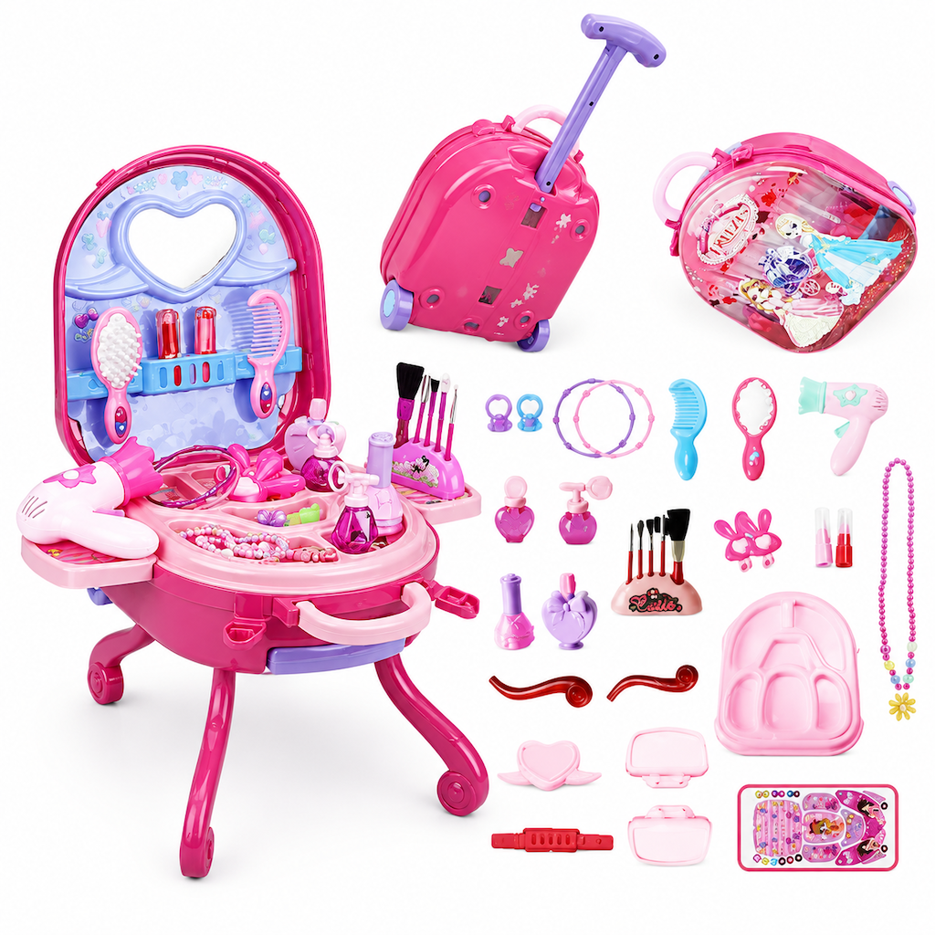 📢📢 50% KORTING🎀 Make-up- en kaptafelkoffer voor kinderen – draagbare verkleedspeelset voor meisjes