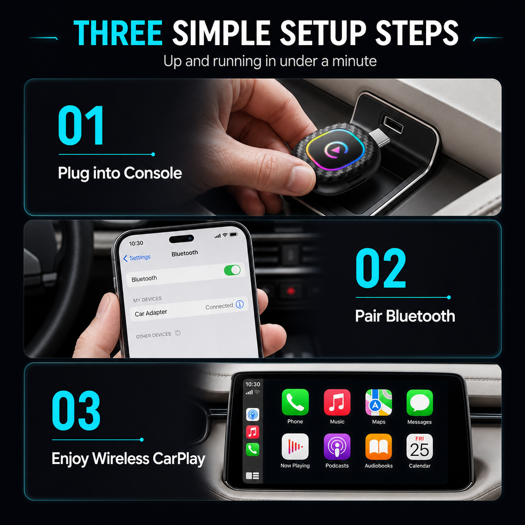 2-in-1 draadloze CarPlay- en Android Auto-adapter met kleurrijke ledverlichting