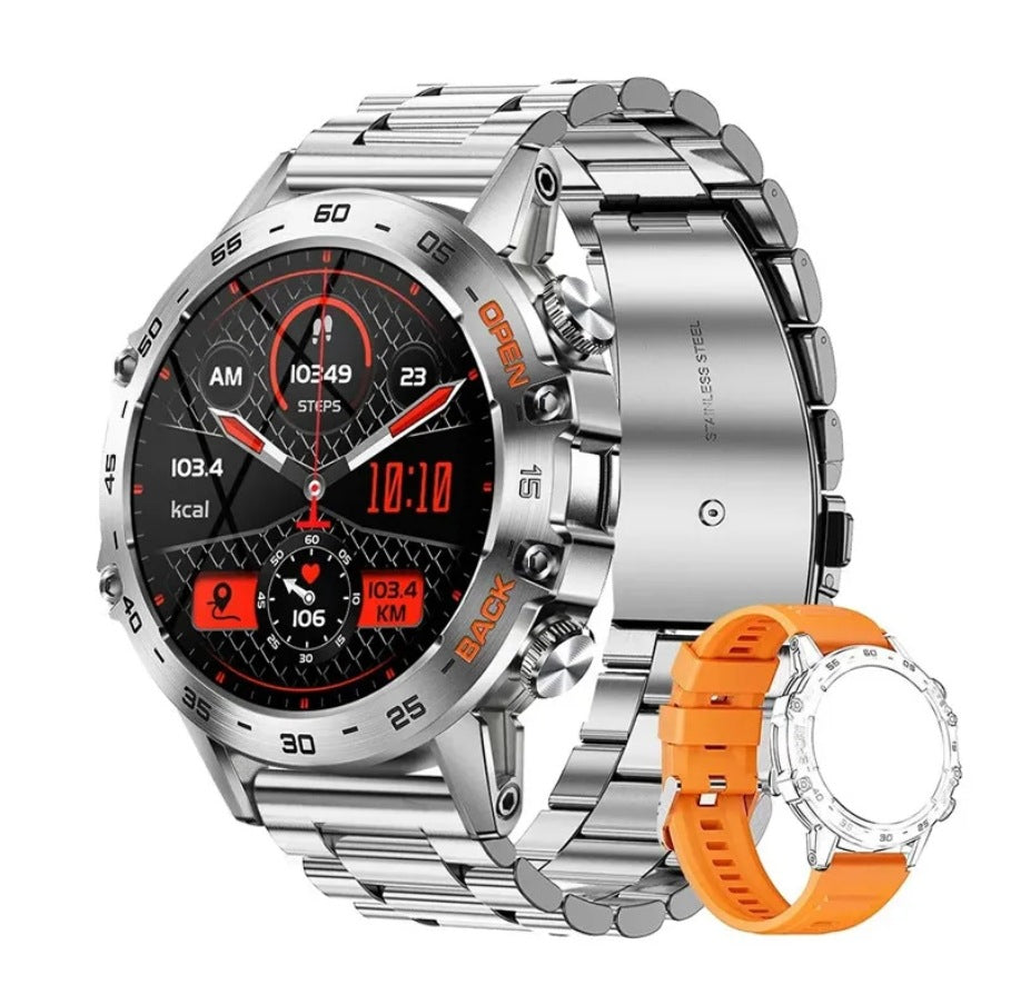 Smartwatch voor heren in militaire stijl met een 1100 mAh-batterij, 1,7 inch AMOLED-scherm, LED-zaklamp, IP68 waterdicht, fitnesshorloge met telefoonfunctie, meer dan 110 sportmodi, hartslag- en slaapmonitoring, compatibel met iOS en Android